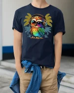 Colorful Owl Headphones Tee Retro Tropical Vibe TShirt - model wearing navy tee with hands in pockets