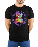 Rainbow Teddy Love Cute Plush Bear Art Tee for Trendy Style - model wearing black tee with hands behind back