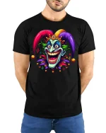 Crazy Jester Smile Tee Colorful Joker Art TShirt for Fans - model wearing black tee with hands behind back