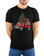 Vintage Christmas Truck Tee with Tree and Holiday Gifts - model wearing black tee with hands behind back