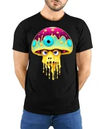 Psychedelic Drip Shroom Monster Art Tee for Trippy Style Fans - model wearing black tee with hands behind back
