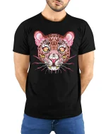 Psychedelic Leopard Face Art Tee - Wild Trippy Animal Tshirt - model wearing black tee with hands behind back