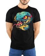 Vibrant Venom Snake Art Tee for Bold Streetwear Style - model wearing black tee with hands behind back