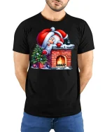 Funny Santa Stuck on Chimney Christmas Tee for Holiday Fun - model wearing black tee with hands behind back