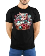 Cute Christmas Kitten Tee Holiday Basket and Ornaments Tshirt - model wearing black tee with hands behind back