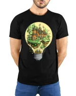 Fantasy Lightbulb House Tee Creative Floating Cottage Tshirt - model wearing black tee with hands behind back