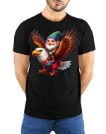 Cute Gnome Eagle Rider Tee Colorful Fantasy Adventure Tshirt - model wearing black tee with hands behind back