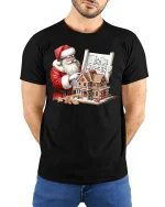Santa Gingerbread Architect Tee Funny Christmas Blueprint Tshirt - model wearing black tee with hands behind back