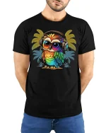 Colorful Owl Headphones Tee Retro Tropical Vibe TShirt - model wearing black tee with hands behind back