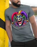 Crazy Jester Smile Tee Colorful Joker Art TShirt for Fans - model wearing grey tee, leaning on column