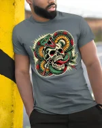 Venom Skull Strike Art Tee for Bold Style Lovers - model wearing grey tee, leaning on column