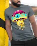 Psychedelic Drip Shroom Monster Art Tee for Trippy Style Fans - model wearing grey tee, leaning on column