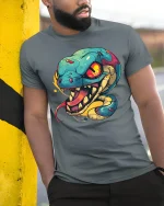 Vibrant Venom Snake Art Tee for Bold Streetwear Style - model wearing grey tee, leaning on column