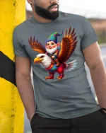 Cute Gnome Eagle Rider Tee Colorful Fantasy Adventure Tshirt - model wearing grey tee, leaning on column