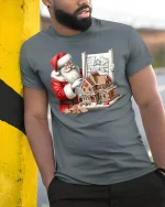 Santa Gingerbread Architect Tee Funny Christmas Blueprint Tshirt - model wearing grey tee, leaning on column