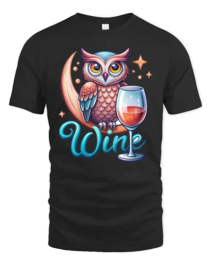 Funny Owl Wine Lover Tee for Relaxed Evenings - black t-shirt on white background