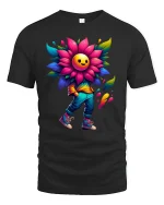 Happy Flower Head Tee for Colorful Street Style - black t-shirt on white background