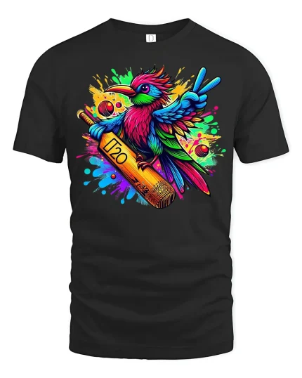 Vibrant Cricket Bird Tee for Sporty Fun Lovers - black t-shirt on white background