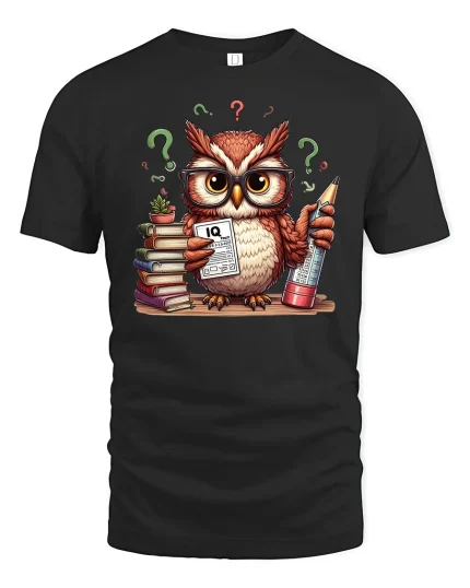 Funny Smart Owl IQ Test Tee for Clever Thinkers - black t-shirt on white background