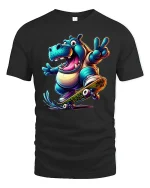 Funny Hippo Skateboard Tee for Cool Street Style - black t-shirt on white background