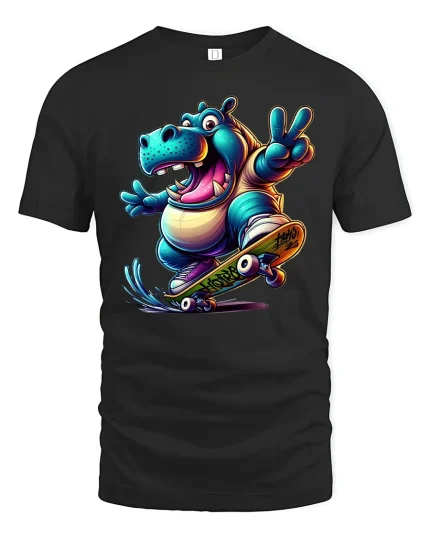 Funny Hippo Skateboard Tee for Cool Street Style - black t-shirt on white background