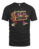 Retro Boombox Cartoon Tee for Music Lovers - black t-shirt on white background