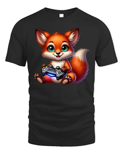 Cute Fox Gamer Tee - Adorable Animal Game T-Shirt - black t-shirt on white background