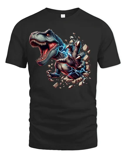 Electric T-Rex Power Tee for Dinosaur Lovers - black t-shirt on white background