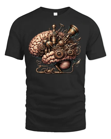 Steampunk Brain Machine Tee for Creative Minds - black t-shirt on white background