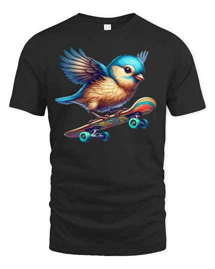 Cute Skater Bird Tee for Fun Animal Lovers - black t-shirt on white background