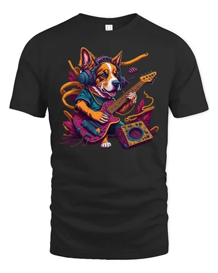 Rocker Corgi Guitar Tee for Music and Dog Lovers - black t-shirt on white background