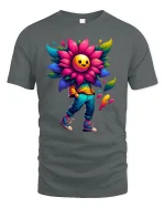 Happy Flower Head Tee for Colorful Street Style - gray t-shirt on white background