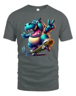 Funny Hippo Skateboard Tee for Cool Street Style - gray t-shirt on white background