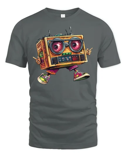 Retro Boombox Cartoon Tee for Music Lovers - gray t-shirt on white background