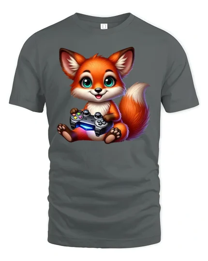 Cute Fox Gamer Tee - Adorable Animal Game T-Shirt - gray t-shirt on white background