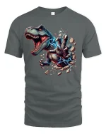 Electric T-Rex Power Tee for Dinosaur Lovers - gray t-shirt on white background
