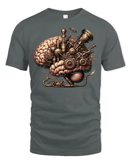 Steampunk Brain Machine Tee for Creative Minds - gray t-shirt on white background