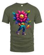 Happy Flower Head Tee for Colorful Street Style - military green t-shirt on white background