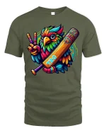 Colorful Cricket Bird Tee for T20 Game Lovers - military green t-shirt on white background