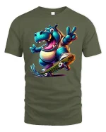 Funny Hippo Skateboard Tee for Cool Street Style - military green t-shirt on white background