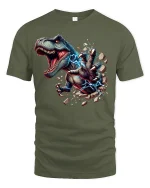 Electric T-Rex Power Tee for Dinosaur Lovers - military green t-shirt on white background