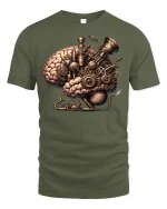 Steampunk Brain Machine Tee for Creative Minds - military green t-shirt on white background