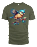 Cute Skater Bird Tee for Fun Animal Lovers - military green t-shirt on white background