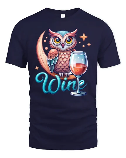 Funny Owl Wine Lover Tee for Relaxed Evenings - navy t-shirt on white background