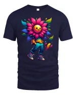 Happy Flower Head Tee for Colorful Street Style - navy t-shirt on white background