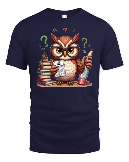 Funny Smart Owl IQ Test Tee for Clever Thinkers - navy t-shirt on white background