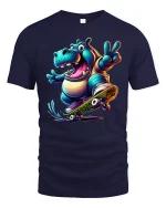 Funny Hippo Skateboard Tee for Cool Street Style - navy t-shirt on white background