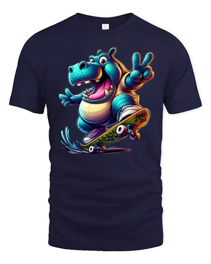 Funny Hippo Skateboard Tee for Cool Street Style - navy t-shirt on white background