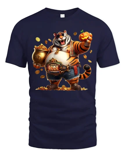 Funny Rich Tiger Tee with Gold Coins and Style - navy t-shirt on white background