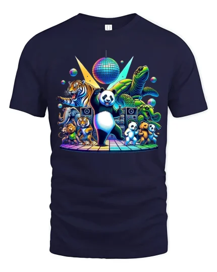 Funny Dancing Panda Party Tee for Animal Lovers - navy t-shirt on white background
